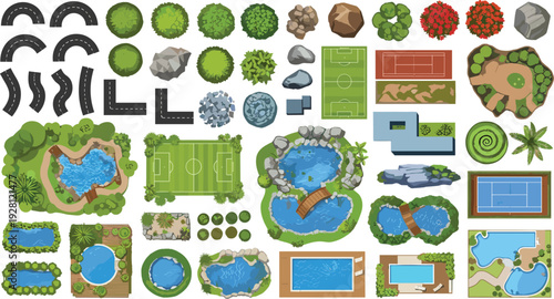Large collection of landscape design elements including swimming pools ponds sports courts road segments trees and garden paths for architectural site plan mapping.