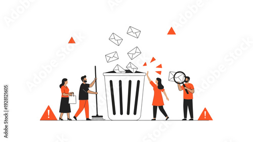 Efficient team managing digital communication, removing unwanted emails, and decluttering inboxes for an organized and productive online environment