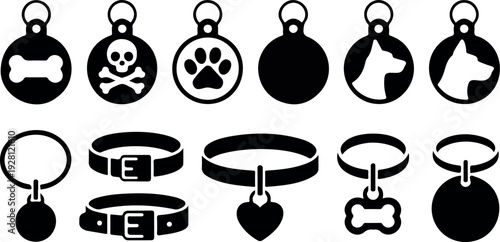 Pet Collar and Tag Vector Set with Dog Name Tags Cat ID Labels Black Silhouette Accessory Icons Clipart