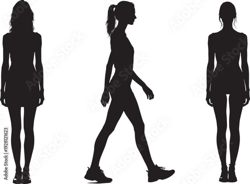 Elegant black silhouettes of woman in standing and walking poses, showcasing posture, movement, ponytail hairstyle, and fashion concept for design, anatomy, and artistic illustration projects.