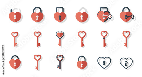 Set of red heart shaped padlock and key icons in flat design style isolated on white background, concept for Valentine's day gift, romantic security and wedding invitation graphic elements