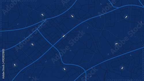 Navy Blue City Street Map with Vehicle Icons Scattered Across Urban Grid and Highway Network. Vector illustration