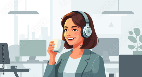 Friendly female customer support representative with headset holding coffee cup in modern office workspace, flat vector illustration.