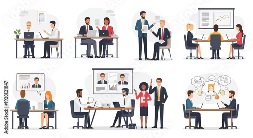 Friendly female customer support representative with headset holding coffee cup in modern office workspace, flat vector illustration.