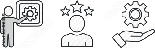 Business Service and Performance Line Icon Set with Settings Gear, Customer Rating and Technical Support Symbols