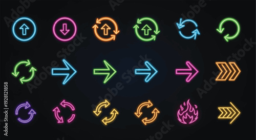 Neon arrow and refresh icon collection. Includes up, down, circular refresh, right arrows, and a flame symbol. Created in glowing outline style with blue, pink, orange, green, and purple palette