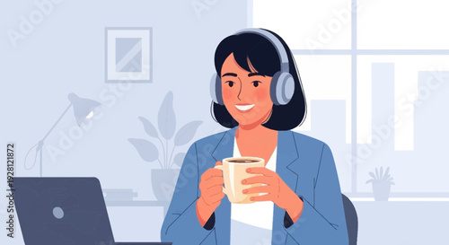 Friendly female customer support representative with headset holding coffee cup in modern office workspace, flat vector illustration.