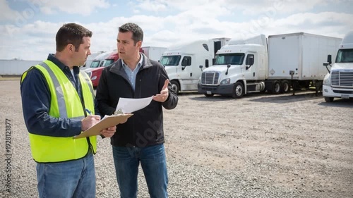 A transportation manager conducts an in-depth pre-trip briefing with a truck driver amidst a fleet of vehicles, stressing logistics professionalism and adhering to strict safety standards