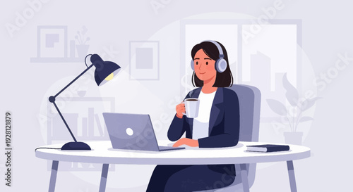 Friendly female customer support representative with headset holding coffee cup in modern office workspace, flat vector illustration.