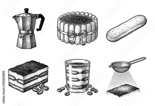 Italian tiramisu dessert set featuring moka pot ladyfingers and cocoa powder in a hand drawn vintage engraving style