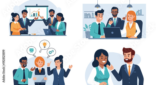 Friendly female customer support representative with headset holding coffee cup in modern office workspace, flat vector illustration.