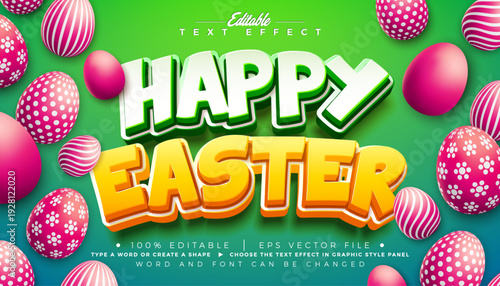 Happy Easter Text Effect Design Editable Vector Graphic Style with 3D Typography Lettering and Painted Eggs on Green Background. Christian Religious Holiday Scalable Illustration Template for Greeting