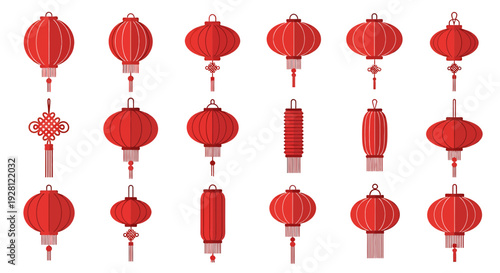 Collection of red traditional Chinese lanterns and decorative knots with tassels isolated on white background, concept for Lunar New Year celebration, Asian cultural events and festival decoration