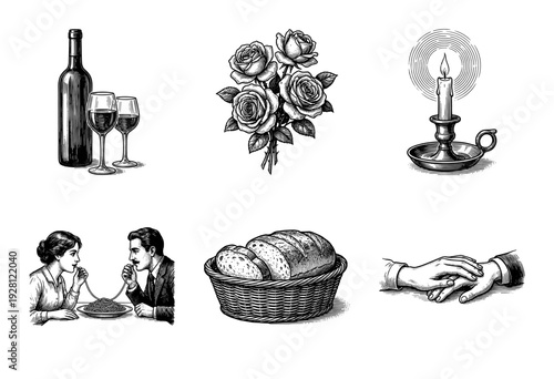 Vintage style romantic dinner woodcut illustrations featuring wine, roses, candlelight, a couple sharing spaghetti, bread basket, and holding hands.