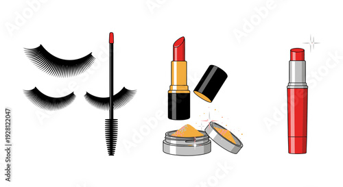 Cosmetic makeup collection with false eyelashes, mascara wand, red lipstick, face powder and lip gloss icons on white background, concept for beauty blog, salon branding and fashion marketing