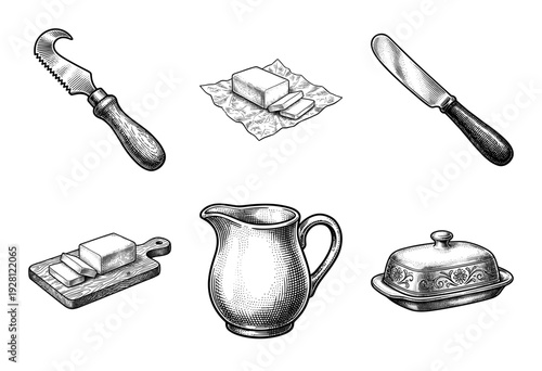 Vintage engraving set of dairy and kitchenware items featuring butter knives, a ceramic pitcher, and a decorative butter dish on a white background.
