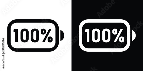 Horizontal battery icon displaying 100% text, signifying a full charge. Clean, bold graphic for mobile interfaces, power management systems, and complete energy capacity status.