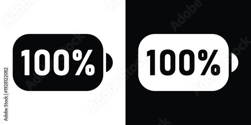 Horizontal battery icon displaying 100% text, signifying a full charge. Clean, bold graphic for mobile interfaces, power management systems, and complete energy capacity status.