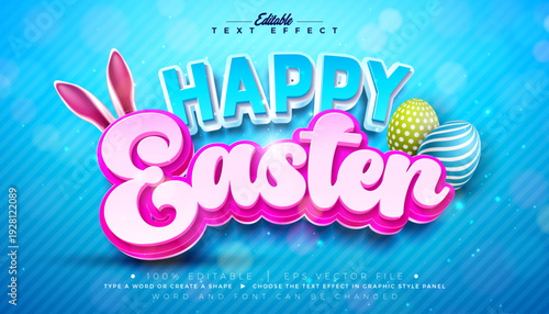 Happy Easter Text Effect Design Editable Vector Graphic Style with 3D Typography Lettering and Painted Eggs on Blue Background. Christian Religious Holiday Scalable Illustration Template for Greeting