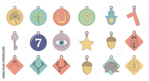 Collection of colorful minimalist lucky charm pendants including clover horseshoe elephant hamsa and evil eye icons on white background, concept for jewelry design, branding and web graphics
