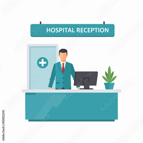 Illustration of a hospital receptionist standing at the reception desk ready to assist patients and visitors with check-in
