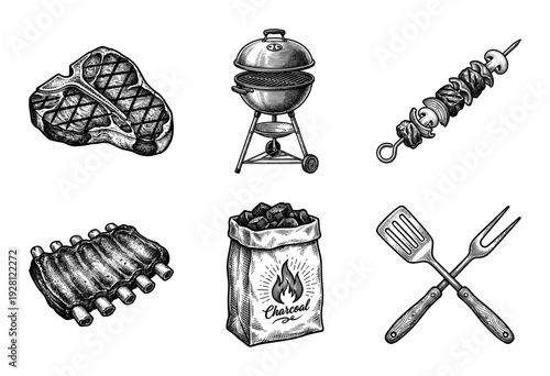 Vintage hand drawn barbecue set featuring grilled steak, kettle grill, meat skewer, rack of ribs, charcoal bag, and crossed cooking tools in woodcut style