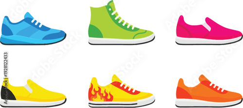 Colorful flat style shoe icon collection. Includes blue running shoe, green high-top sneaker, pink slip-on, yellow slip-on, yellow flame sneaker, and orange running shoe symbols. Created in flat
