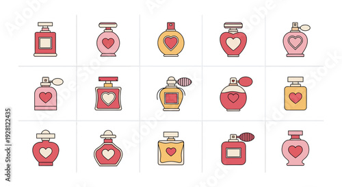 Set of various feminine perfume bottles with heart designs in warm pink and yellow color tones, concept for beauty shop branding, fragrance product presentation and romantic gift advertisement