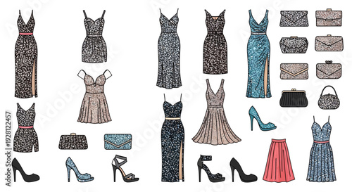 Elegant collection of sparkly evening dresses, stylish high heel shoes and glittery luxury clutch bags on white background, concept for fashion catalog, online boutique and style advertising