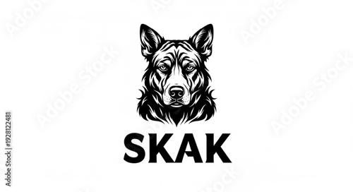 Intense dog portrait showcasing detailed fur and focused gaze, SKAK logo below.