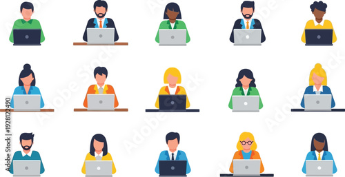 People working on laptops flat icon collection. Includes men and women with diverse appearances using silver laptops. Created in a flat, modern style with a colorful palette.