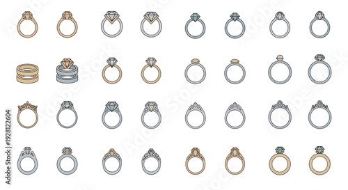 Collection of various luxury diamond engagement ring icons and wedding bands in gold and silver metal colors, concept for jewelry store branding, commercial catalogs and bridal advertising