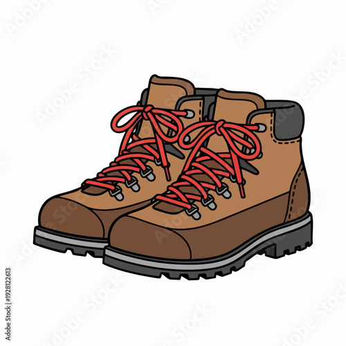 Hiking boots illustration vector design of brown leather footwear with red laces for outdoor adventure and trekking climbing equipment design