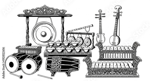 Detailed illustration of traditional Indonesian Gamelan musical instruments in monochrome.