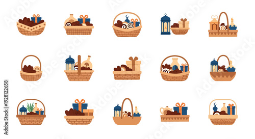 Various wicker baskets filled with dates, gift boxes and lanterns for Islamic celebrations on white background, concept for ramadan hampers, eid al-fitr greeting cards and muslim festive promotion