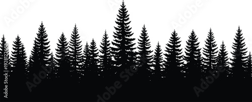 Pine forest tree silhouette landscape border with evergreen woodland nature background illustration
