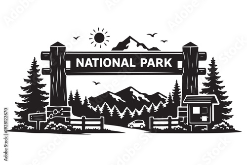 National Park Entrance Silhouette, Vector Illustration, Isolated on White Background