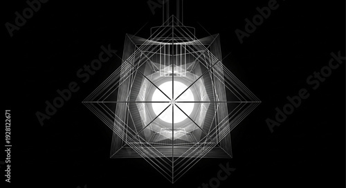 Intricate geometric design with a bright central light source and radiating lines.