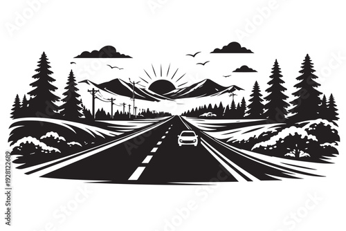 Road Trip Landscape Silhouette, Vector Illustration, Isolated on White Background
