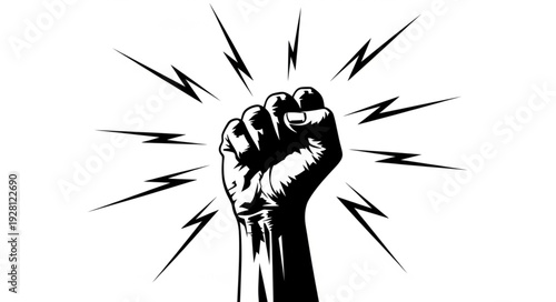 Powerful fist raised with radiating energy, symbol of strength and resistance.