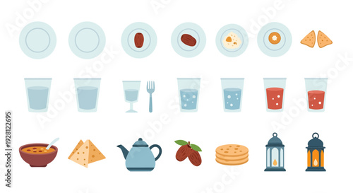 Set of flat vector icons featuring traditional iftar food items including dates, water, soup and lanterns, concept for Ramadan cards, Islamic celebrations and healthy fasting nutrition