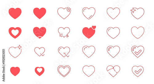 Collection of various red heart icons with solid and outline styles isolated on clean white background, concept for user interface design, social media engagement and valentine greeting card