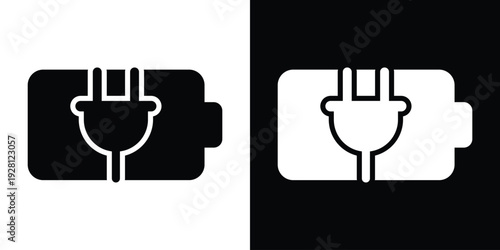 Flat vector illustration of a horizontal battery with a power plug silhouette. High-contrast black and white icons for electricity, recharging, and battery health indicators.