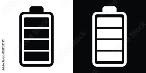 Classic vertical battery icon with four solid bars indicating maximum power capacity. Professional symbol for energy storage, battery health, and fully charged electronic devices.