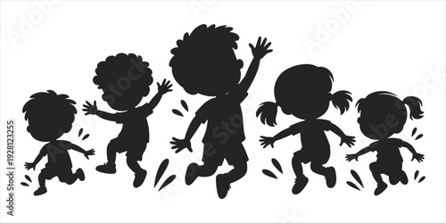 Black Silhouette Of Cartoon Children Jumping And Waving With Splashes kids