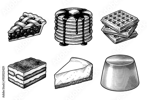 Set of hand drawn dessert illustrations featuring pie pancakes waffles tiramisu cheesecake and pudding in vintage woodcut style