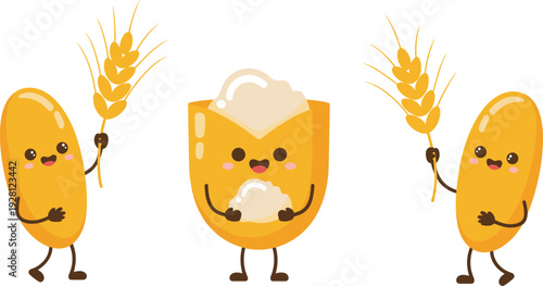 Cartoon food characters with wheat and bowl, cute smiling grains and mashed potato illustration for agriculture, nutrition, education, and kids
