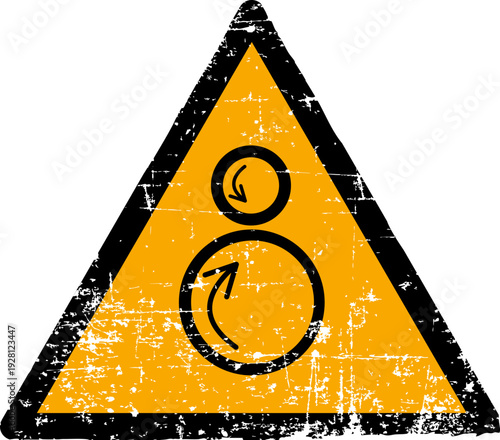 Grunge counter rotating rollers warning sign worn scratched ISO 7010 W025 symbol