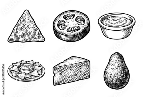 Vintage woodcut style collection of mexican food ingredients featuring tortilla chips, avocado, tomato slice, cheese, and dipping sauce bowl illustrations.