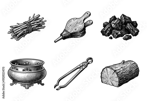 Vintage engraving style collection of hearth and fireplace accessories featuring bellows, tongs, wood logs, charcoal, and ornate brazier.